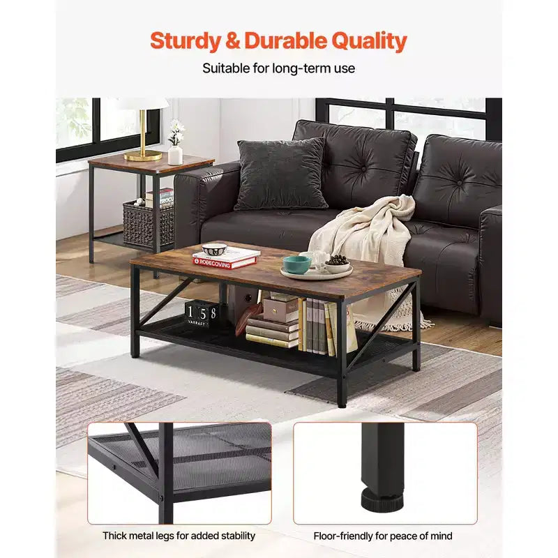 VEVOR Set da 3 Tavoli per Soggiorno, Tavolino da Salotto Industriale da 105 cm con 2 Tavolini Laterali Quadrati, Marrone e Nero