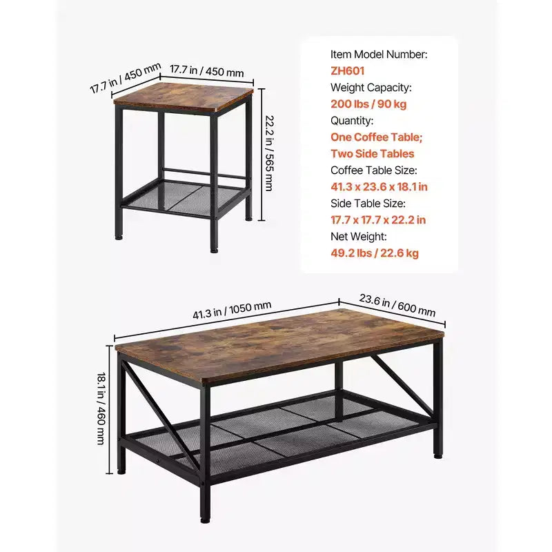 VEVOR Set da 3 Tavoli per Soggiorno, Tavolino da Salotto Industriale da 105 cm con 2 Tavolini Laterali Quadrati, Marrone e Nero
