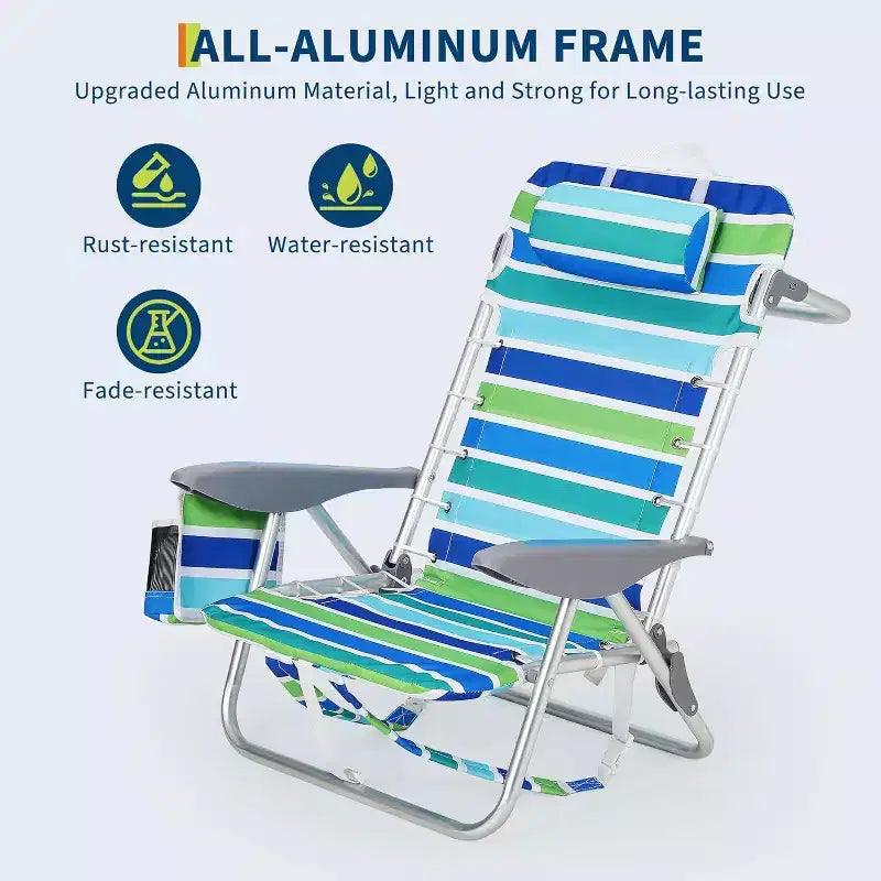 Acekool Backpack Beach Chair, 5 Position Lay Flat Folding Chair with Straps, Cup Holder & Towel Bar, Portable for Adults, 1 Pack