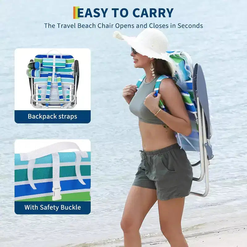 Acekool Backpack Beach Chair, 5 Position Lay Flat Folding Chair with Straps, Cup Holder & Towel Bar, Portable for Adults, 1 Pack