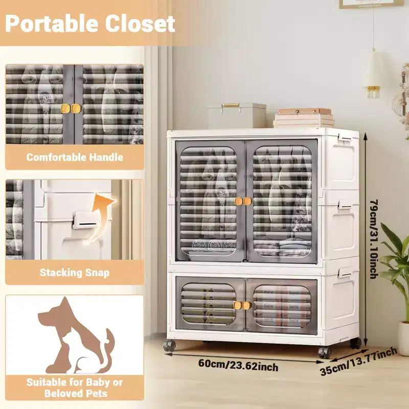 GustoWave Pet Wardrobe Closet, Stackable Storage Cabinet, Clothes Cabinet, Closet Organizers and Storage Containers with Doors,Wheels and Hanging Rods