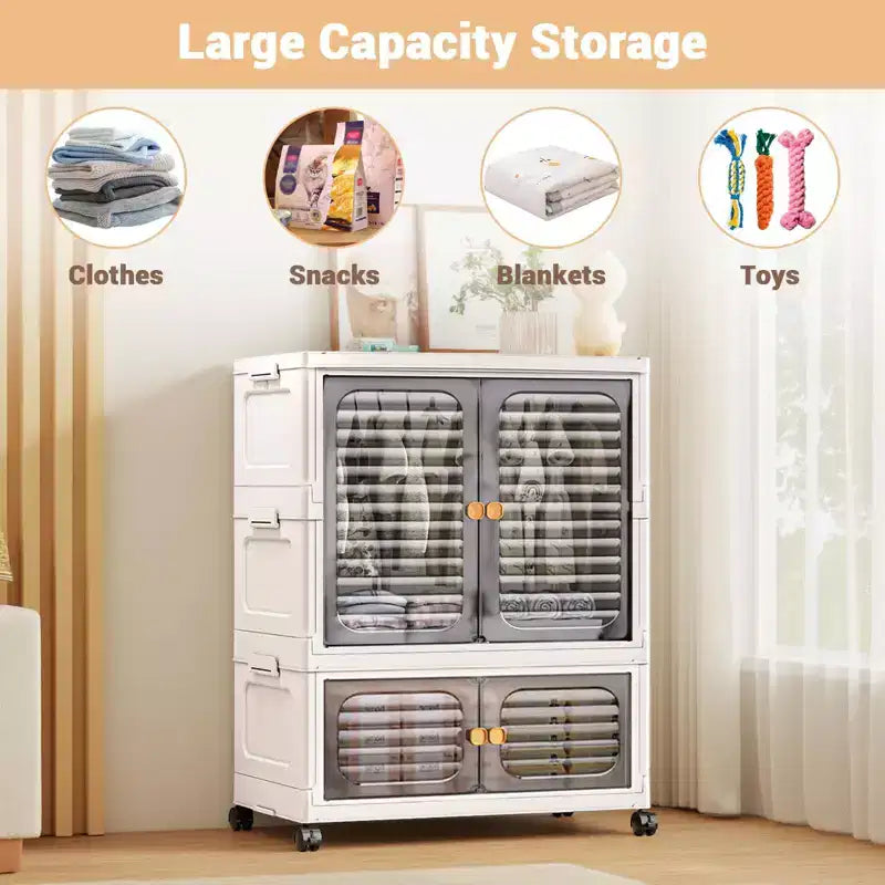 GustoWave Pet Wardrobe Closet, Stackable Storage Cabinet, Clothes Cabinet, Closet Organizers and Storage Containers with Doors,Wheels and Hanging Rods