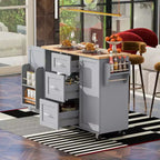 Rolling Kitchen Island with Storage, Kitchen Cart with Rubber Wood Top, 3 Drawers, 2 Slide-Out Shelves & Internal Rack, Spice & Tower Rack