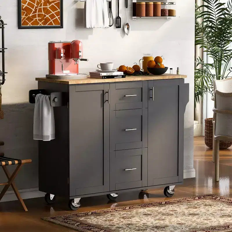 Rolling Kitchen Island with Storage, Kitchen Cart with Rubber Wood Top, 3 Drawers, 2 Slide-Out Shelves & Internal Rack, Spice & Tower Rack