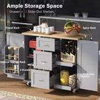 Rolling Kitchen Island with Storage, Kitchen Cart with Rubber Wood Top, 3 Drawers, 2 Slide-Out Shelves & Internal Rack, Spice & Tower Rack