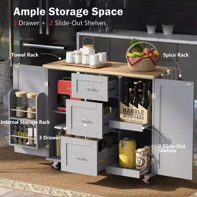 Rolling Kitchen Island with Storage, Kitchen Cart with Rubber Wood Top, 3 Drawers, 2 Slide-Out Shelves & Internal Rack, Spice & Tower Rack