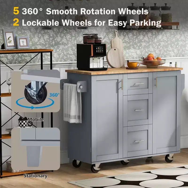 Rolling Kitchen Island with Storage, Kitchen Cart with Rubber Wood Top, 3 Drawers, 2 Slide-Out Shelves & Internal Rack, Spice & Tower Rack