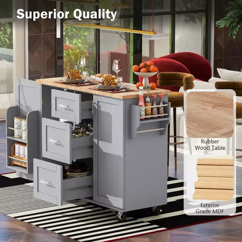 Rolling Kitchen Island with Storage, Kitchen Cart with Rubber Wood Top, 3 Drawers, 2 Slide-Out Shelves & Internal Rack, Spice & Tower Rack