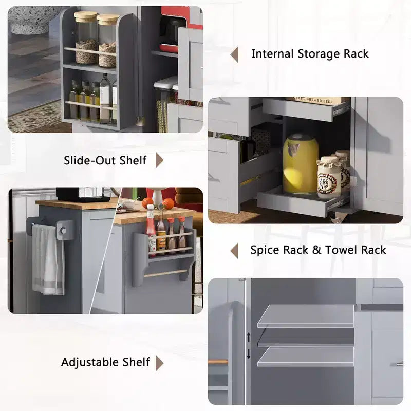 Rolling Kitchen Island with Storage, Kitchen Cart with Rubber Wood Top, 3 Drawers, 2 Slide-Out Shelves & Internal Rack, Spice & Tower Rack