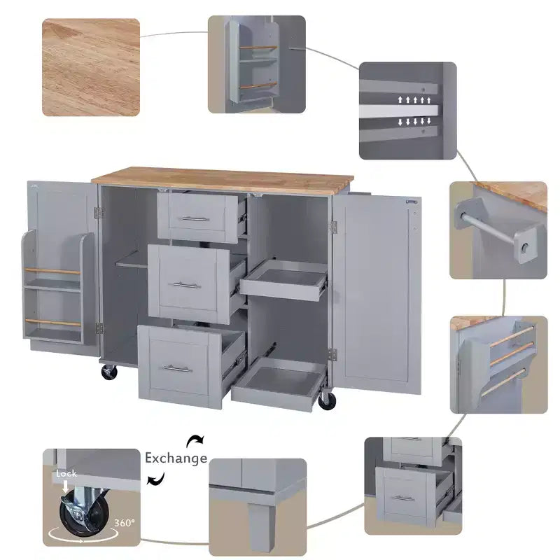 Rolling Kitchen Island with Storage, Kitchen Cart with Rubber Wood Top, 3 Drawers, 2 Slide-Out Shelves & Internal Rack, Spice & Tower Rack