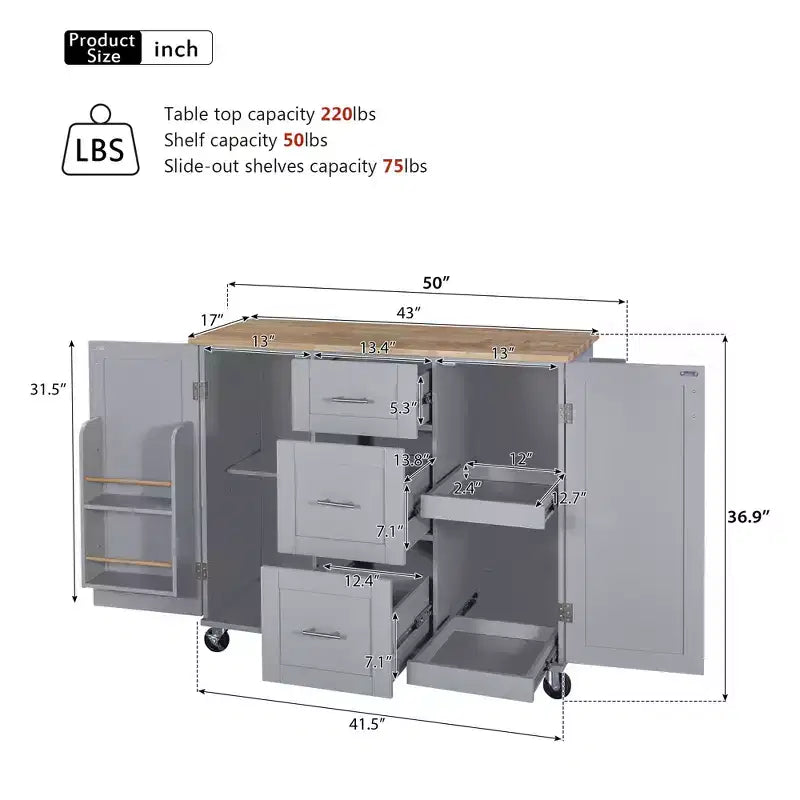 Rolling Kitchen Island with Storage, Kitchen Cart with Rubber Wood Top, 3 Drawers, 2 Slide-Out Shelves & Internal Rack, Spice & Tower Rack