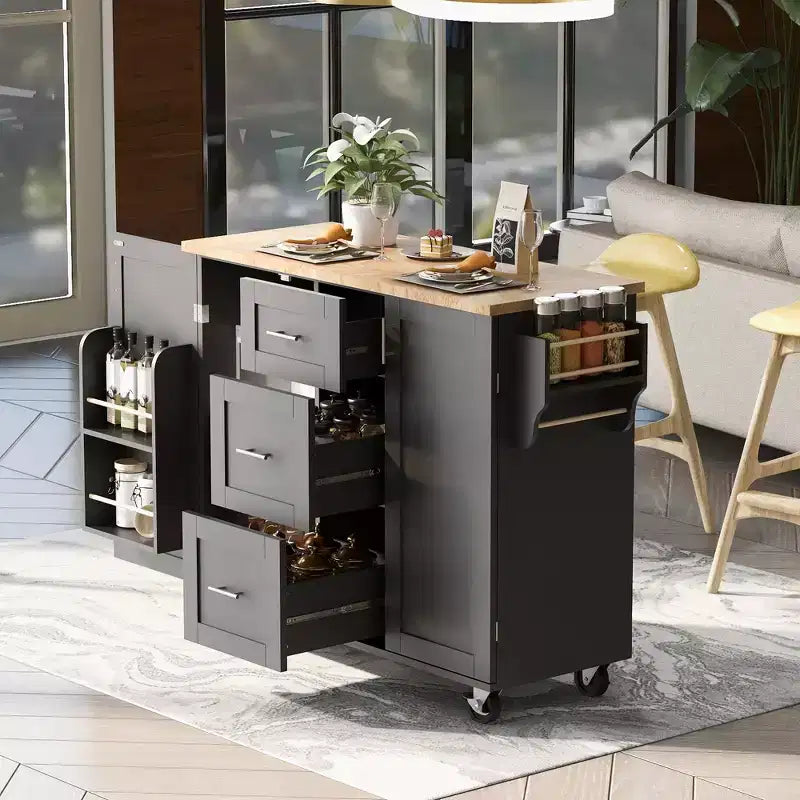 Rolling Kitchen Island with Storage, Kitchen Cart with Rubber Wood Top, 3 Drawers, 2 Slide-Out Shelves & Internal Rack, Spice & Tower Rack