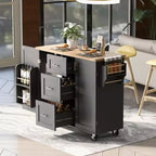 Rolling Kitchen Island with Storage, Kitchen Cart with Rubber Wood Top, 3 Drawers, 2 Slide-Out Shelves & Internal Rack, Spice & Tower Rack