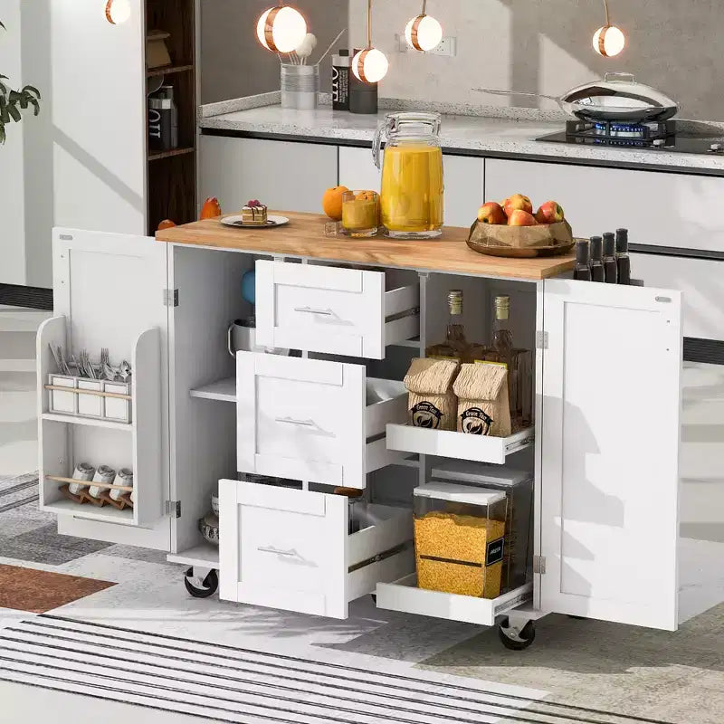 Rolling Kitchen Island with Storage, Kitchen Cart with Rubber Wood Top, 3 Drawers, 2 Slide-Out Shelves & Internal Rack, Spice & Tower Rack