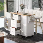 Rolling Kitchen Island with Storage, Kitchen Cart with Rubber Wood Top, 3 Drawers, 2 Slide-Out Shelves & Internal Rack, Spice & Tower Rack