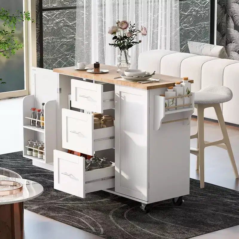 Rolling Kitchen Island with Storage, Kitchen Cart with Rubber Wood Top, 3 Drawers, 2 Slide-Out Shelves & Internal Rack, Spice & Tower Rack