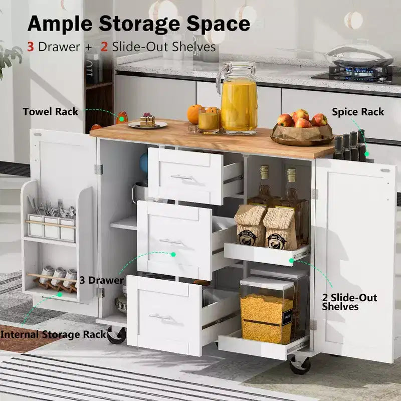 Rolling Kitchen Island with Storage, Kitchen Cart with Rubber Wood Top, 3 Drawers, 2 Slide-Out Shelves & Internal Rack, Spice & Tower Rack