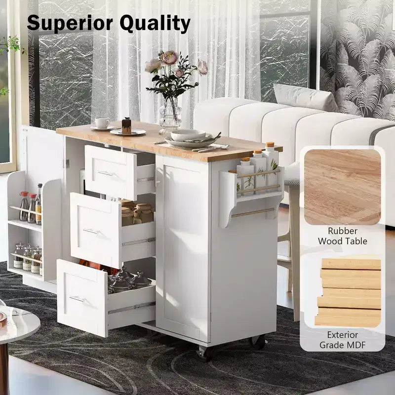 Rolling Kitchen Island with Storage, Kitchen Cart with Rubber Wood Top, 3 Drawers, 2 Slide-Out Shelves & Internal Rack, Spice & Tower Rack
