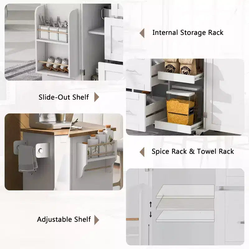 Rolling Kitchen Island with Storage, Kitchen Cart with Rubber Wood Top, 3 Drawers, 2 Slide-Out Shelves & Internal Rack, Spice & Tower Rack