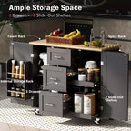 Rolling Kitchen Island with Storage, Kitchen Cart with Rubber Wood Top, 3 Drawers, 2 Slide-Out Shelves & Internal Rack, Spice & Tower Rack