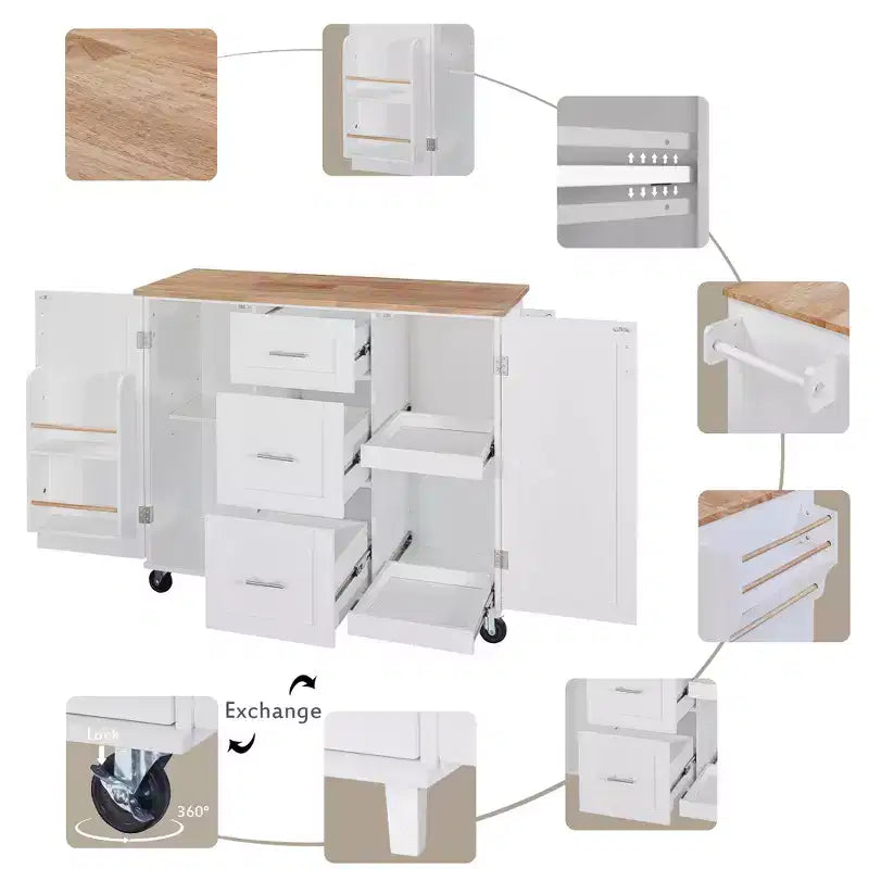 Rolling Kitchen Island with Storage, Kitchen Cart with Rubber Wood Top, 3 Drawers, 2 Slide-Out Shelves & Internal Rack, Spice & Tower Rack
