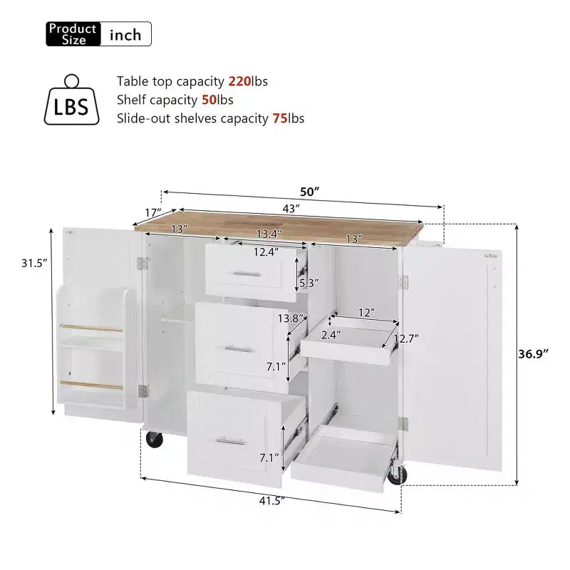 Rolling Kitchen Island with Storage, Kitchen Cart with Rubber Wood Top, 3 Drawers, 2 Slide-Out Shelves & Internal Rack, Spice & Tower Rack
