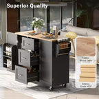 Rolling Kitchen Island with Storage, Kitchen Cart with Rubber Wood Top, 3 Drawers, 2 Slide-Out Shelves & Internal Rack, Spice & Tower Rack