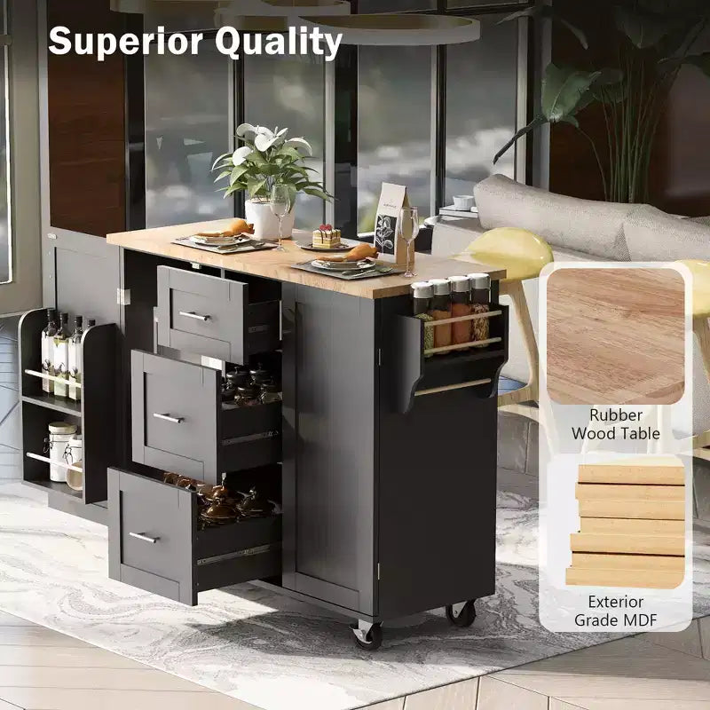 Rolling Kitchen Island with Storage, Kitchen Cart with Rubber Wood Top, 3 Drawers, 2 Slide-Out Shelves & Internal Rack, Spice & Tower Rack