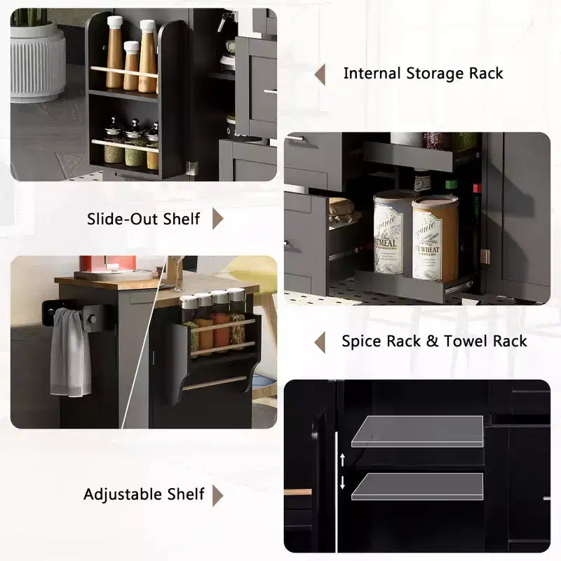 Rolling Kitchen Island with Storage, Kitchen Cart with Rubber Wood Top, 3 Drawers, 2 Slide-Out Shelves & Internal Rack, Spice & Tower Rack