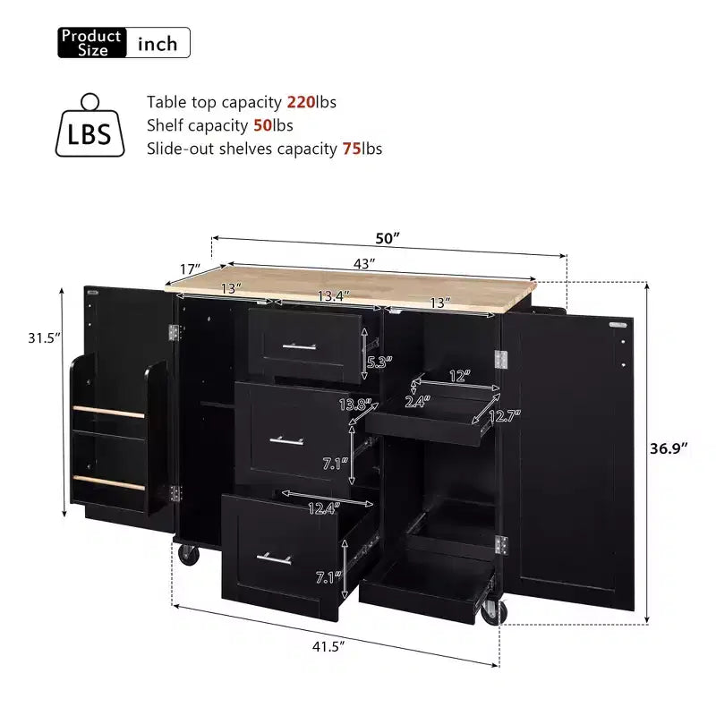 Rolling Kitchen Island with Storage, Kitchen Cart with Rubber Wood Top, 3 Drawers, 2 Slide-Out Shelves & Internal Rack, Spice & Tower Rack
