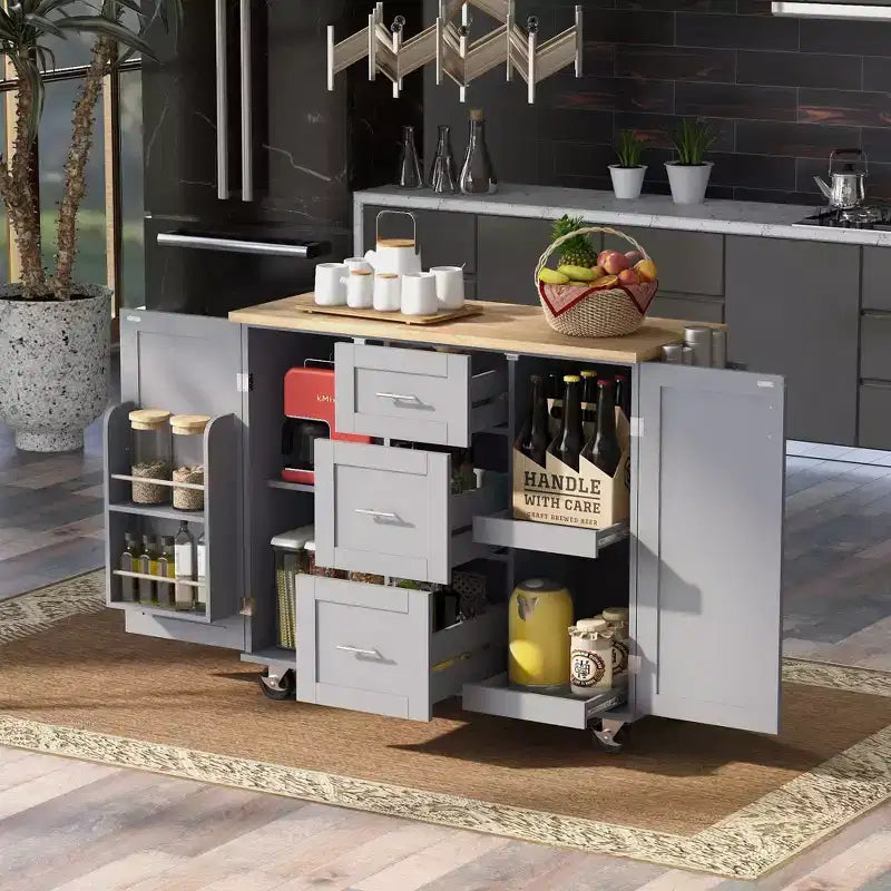 Isola da Cucina con Ruote e Contenitore, Carrello da Cucina con Piano in Legno di Gomma, 3 Cassetti, 2 Ripiani Estraibili e Griglia Interna, Porta Spezie e Porta Rotoli