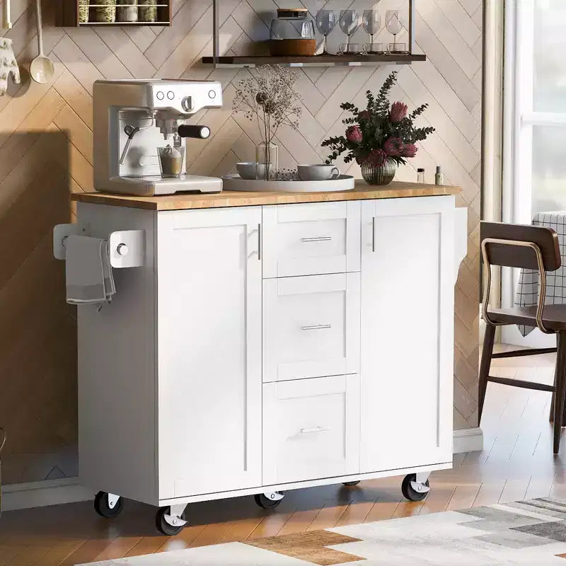 Isola da Cucina con Ruote e Contenitore, Carrello da Cucina con Piano in Legno di Gomma, 3 Cassetti, 2 Ripiani Estraibili e Griglia Interna, Porta Spezie e Porta Rotoli