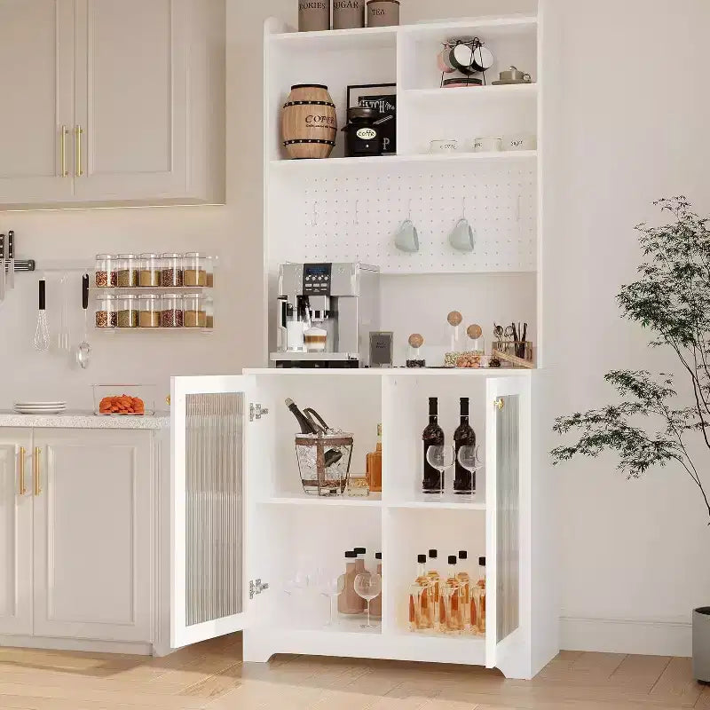 71 Pantry Cabinet, 6-Tier Freestanding Tall Cupboard Storage Unit with Pegboard, 2 Cabinets, Open Shelves, Glass Doors, for Home Office