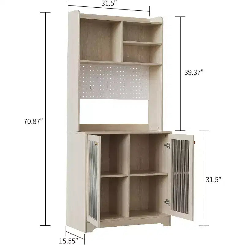 71 Pantry Cabinet, 6-Tier Freestanding Tall Cupboard Storage Unit with Pegboard, 2 Cabinets, Open Shelves, Glass Doors, for Home Office