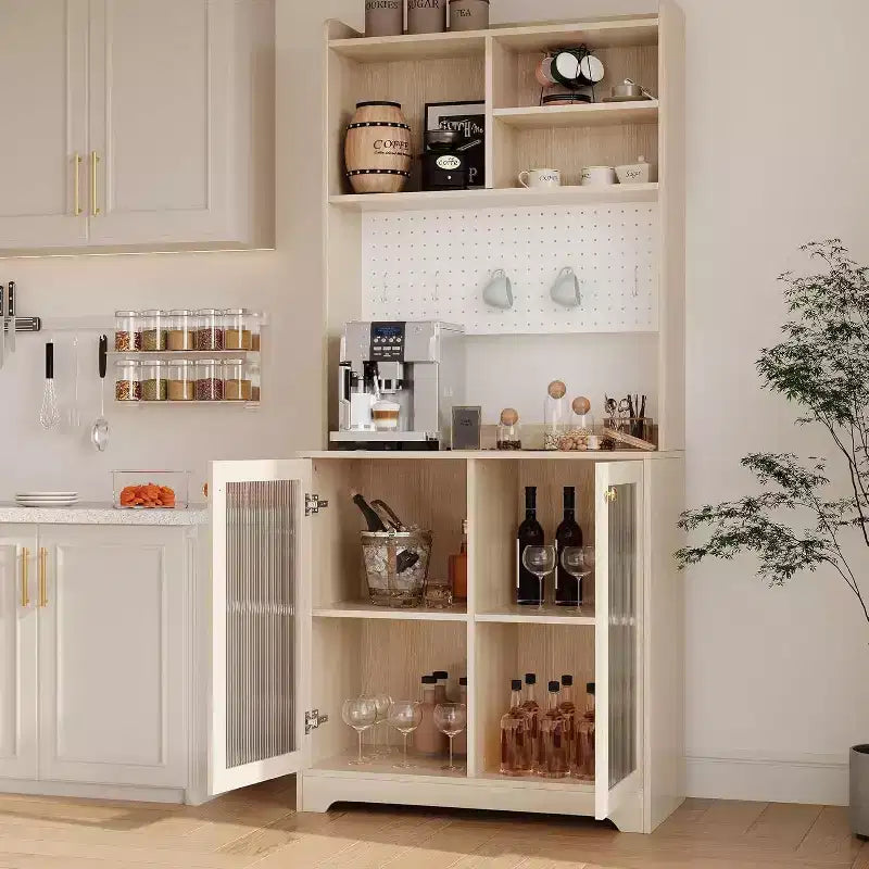 71 Pantry Cabinet, 6-Tier Freestanding Tall Cupboard Storage Unit with Pegboard, 2 Cabinets, Open Shelves, Glass Doors, for Home Office