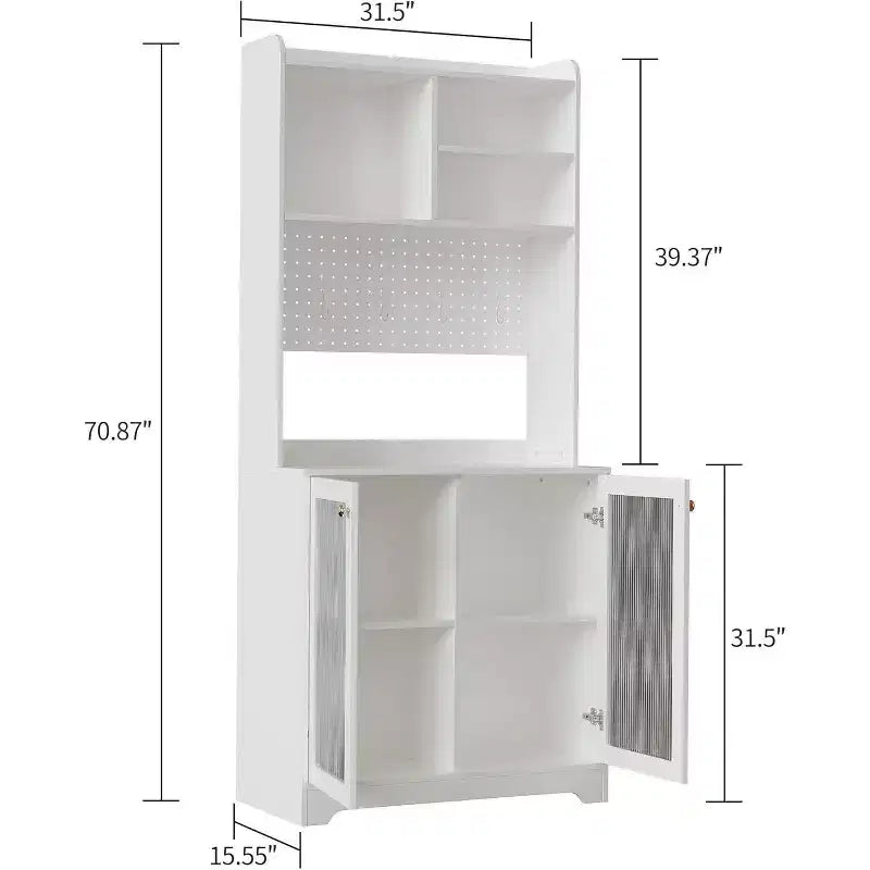 71 Pantry Cabinet, 6-Tier Freestanding Tall Cupboard Storage Unit with Pegboard, 2 Cabinets, Open Shelves, Glass Doors, for Home Office
