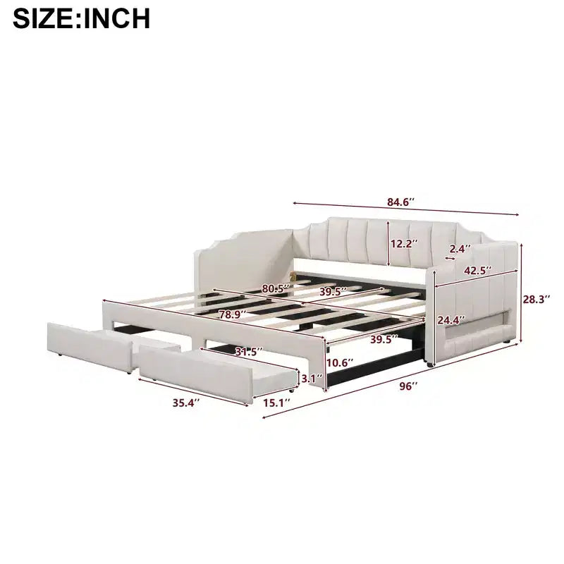 Whisen Twin XL Upholstered Daybed with 2 Storage Drawers, Extendable to King