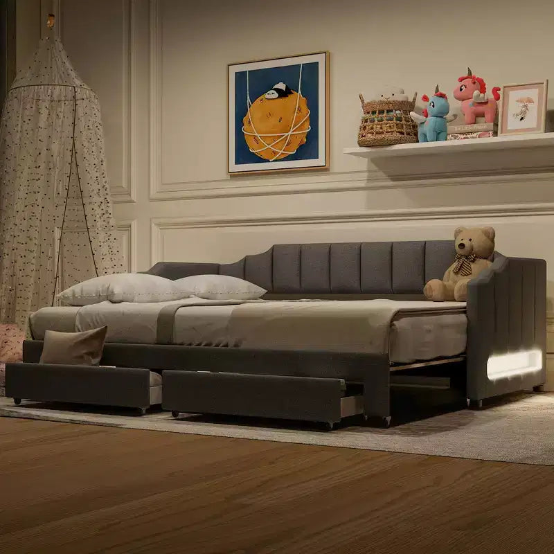 Whisen Twin XL Upholstered Daybed with 2 Storage Drawers, Extendable to King
