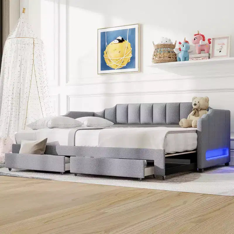 Whisen Twin XL Upholstered Daybed with 2 Storage Drawers, Extendable to King
