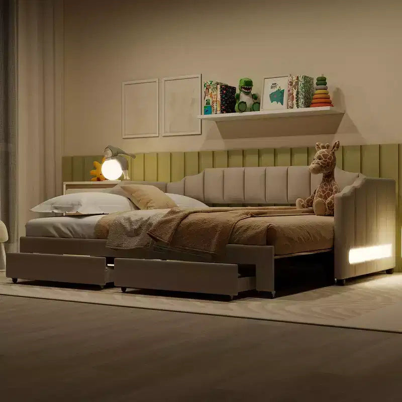 Whisen Twin XL Upholstered Daybed with 2 Storage Drawers, Extendable to King
