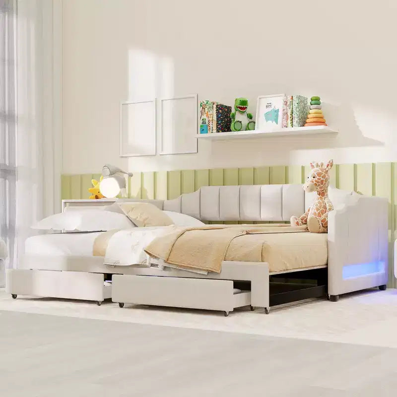 Whisen Twin XL Upholstered Daybed with 2 Storage Drawers, Extendable to King