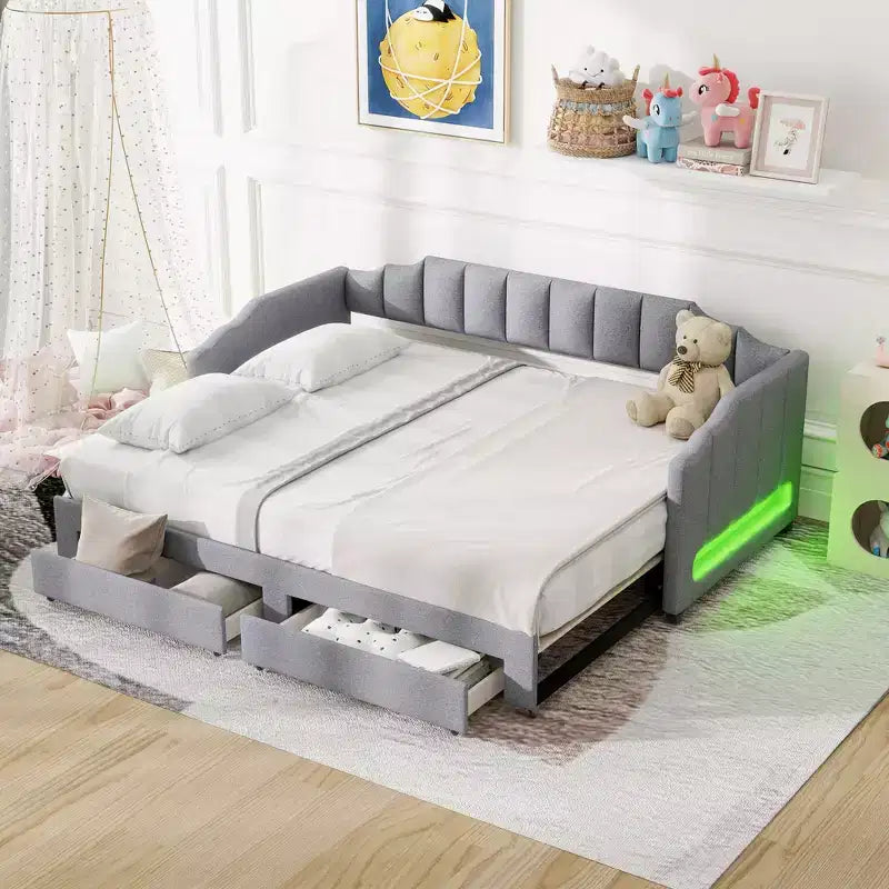 Whisen Twin XL Upholstered Daybed with 2 Storage Drawers, Extendable to King