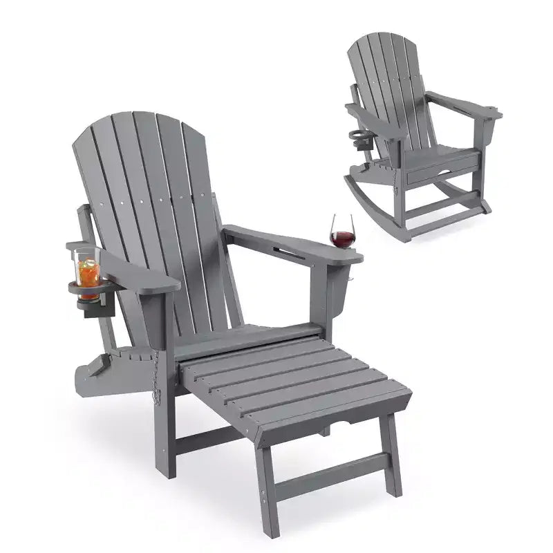 GustoWave Adirondack Outdoor Rocking Chairs with Retractable Ottoman, HDPE All Weather Patio rockers with Cup Holders