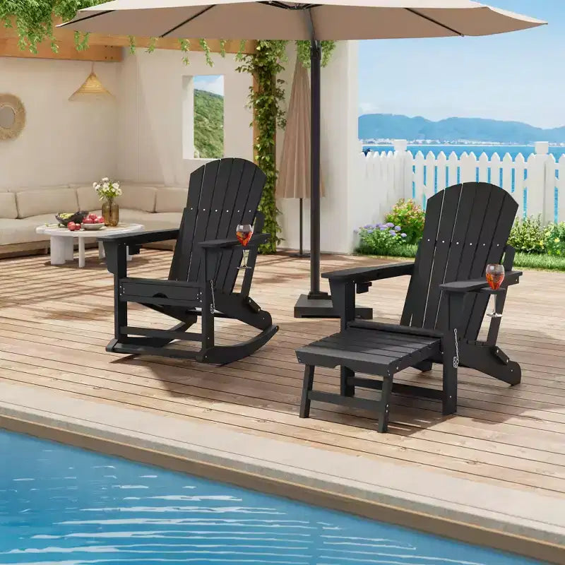 GustoWave Adirondack Outdoor Rocking Chairs with Retractable Ottoman, HDPE All Weather Patio rockers with Cup Holders