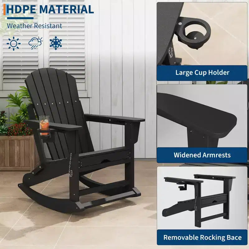 GustoWave Adirondack Outdoor Rocking Chairs with Retractable Ottoman, HDPE All Weather Patio rockers with Cup Holders