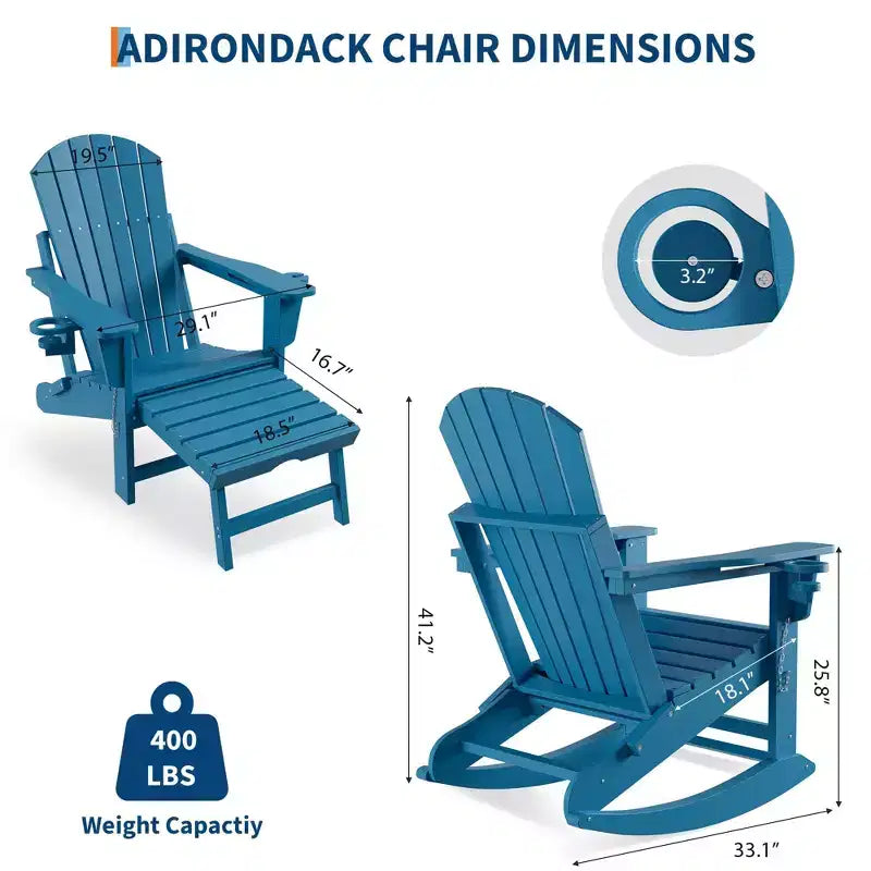 GustoWave Adirondack Outdoor Rocking Chairs with Retractable Ottoman, HDPE All Weather Patio rockers with Cup Holders
