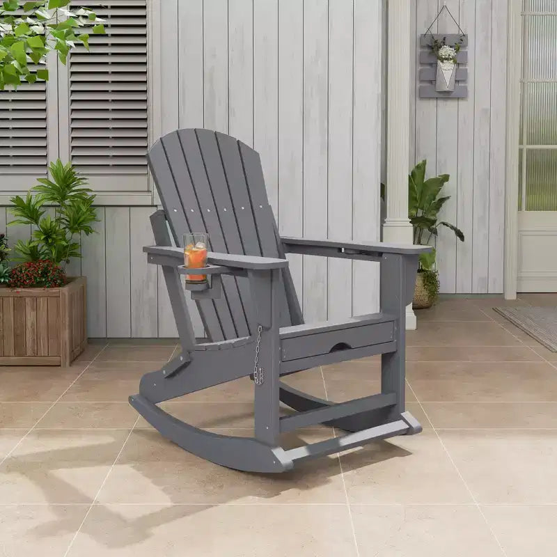 Sdraie a dondolo da esterno GustoWave Adirondack con pouf estraibile, dondoli da patio in HDPE per tutte le stagioni con portabicchieri