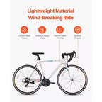 Bici da Corsa VEVOR, Bici da Corsa con Ruote da 700C, Bici da Strada da Pendolare con Trasmissione SHIMANO a 21 Velocità e Telaio in Acciaio al Carbonio, Bianca