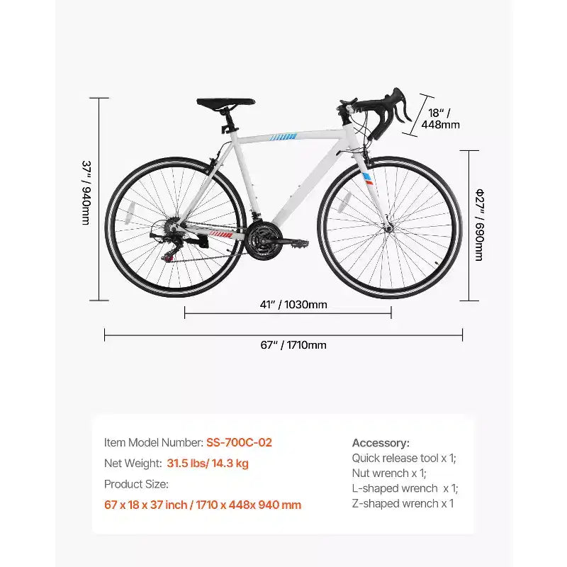 Bici da Corsa VEVOR, Bici da Corsa con Ruote da 700C, Bici da Strada da Pendolare con Trasmissione SHIMANO a 21 Velocità e Telaio in Acciaio al Carbonio, Bianca