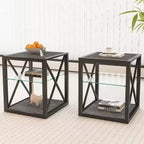 Set of 2 Modern End Tables with Drawer - Rustic Wood-Grain MDF and Tempered Glass Top Nightstands for Bedroom and Living Room